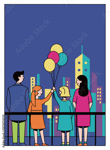 Family Gazing at City Skyline with Balloons