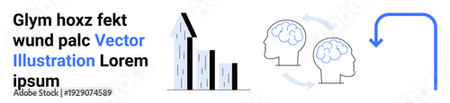 Business planning, brainstorming, cognitive processes, data visualization, workflow, creative strategy. Bar chart growth and two heads with circular arrows. Business planning and brainstorming