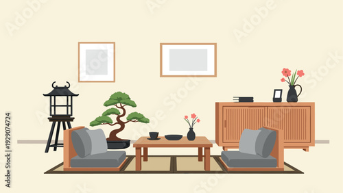 cozy japanese style living room interior with bonsai plant tatami chairs and wooden furniture hand drawn illustration