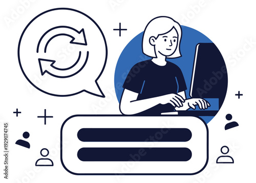 Woman using computer with refresh icon in speech bubble suggesting process or update