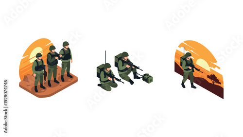 military soldiers in green uniform with guns and radio gear in hand drawn isometric style set