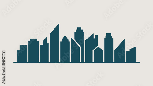 A dark blue silhouette of a city skyline with modern skyscrapers on a light gray background