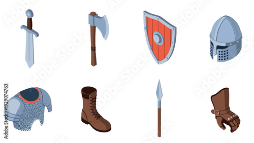 set of medieval weapons and armor with sword axe shield helmet chainmail spear boot and gauntlet hand drawn