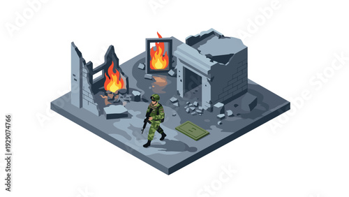 isometric soldier walking in a war zone with burning ruins and destroyed buildings illustration