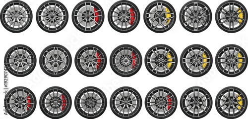 Set of Realistic Car Alloy Wheels with Disc Brakes and Red Yellow Calipers Isolated on White Background Automotive Collection Illustration