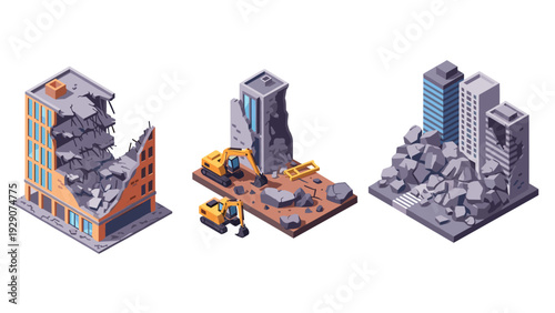 damaged buildings with rubble and excavators isometric vector set illustrating urban destruction and construction work