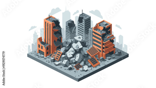 isometric damaged city buildings with rubble and debris flat illustration