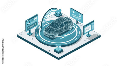 isometric futuristic car scanning with digital interface and hologram in modern technology concept