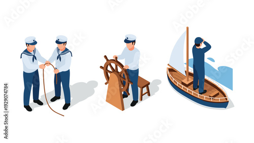 set of sailors with rope sailing ship steering wheel and lookout on boat in isometric style