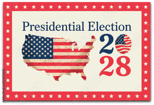 USA election 2028 vector, modern flat political graphic with United States flag voting icons and democratic election elements for campaign and editorial use.