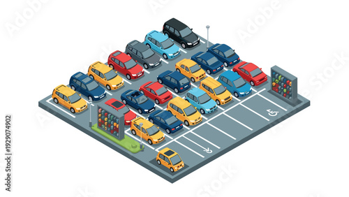 isometric view of crowded parking lot with various colored cars and advertising billboards in flat design