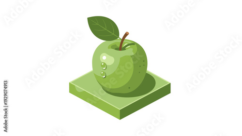 fresh green apple with water drops hand drawn realistic illustration