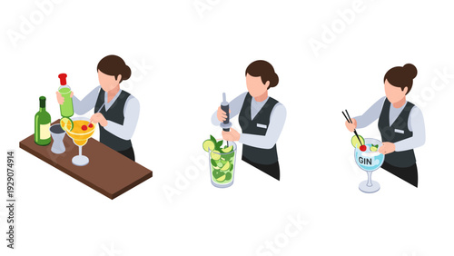female bartender preparing cocktails set in isometric style with hand drawn elements for bar and drink illustration