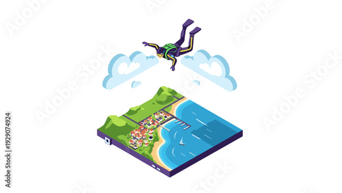 isometric skydiver over coastal village landscape with hills and ocean in bright colors