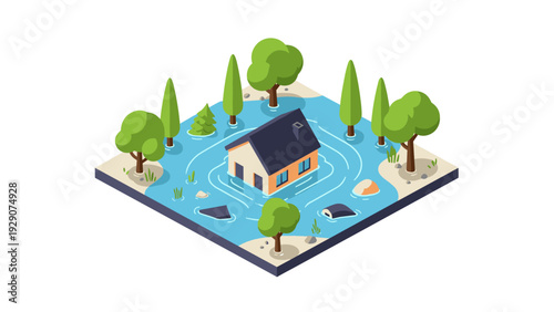 isometric house surrounded by flood water with trees and debris hand drawn illustration for environmental concept