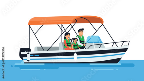 family on motorboat with orange canopy wearing life jackets flat illustration