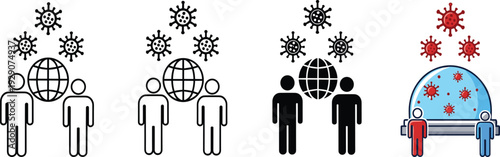 Global pandemic transmission icons with people, earth globe and virus spread concept in flat vector illustration for healthcare awareness and infection control design.