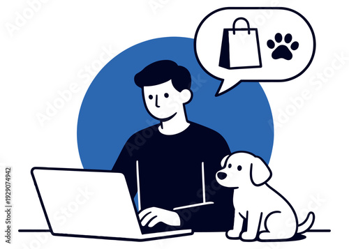 Man working on laptop with dog nearby and shopping bag symbol