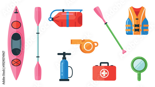 set of hand drawn kayaking and water safety equipment flat colorful icons illustration