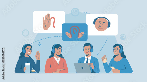 A diverse group of people wearing headsets and communicating with each other in a virtual meeting setting.