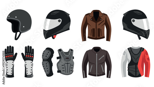 set of motorcycle safety gear including helmets gloves jackets and protective armor in flat style