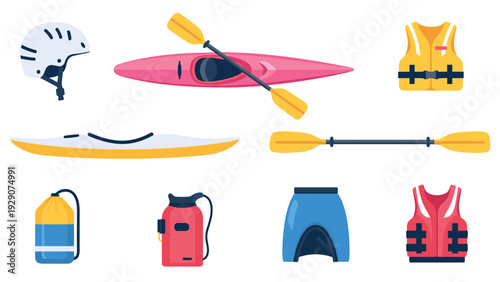 set of colorful kayaking equipment and accessories hand drawn collection for water sports safety and adventure