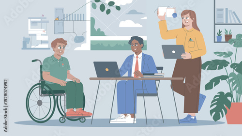 Diverse group of colleagues collaborating in an inclusive office environment with laptops and plants