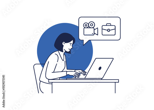 Woman working on laptop with video camera and briefcase speech bubble blue circle