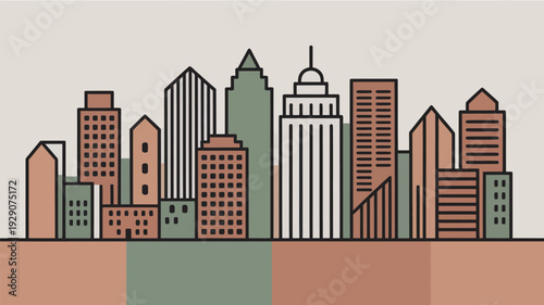 A vibrant cityscape with modern skyscrapers and urban architecture in a colorful illustration style
