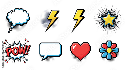 set of hand drawn comic style speech bubbles lightning bolt heart star flower icons in pop art design