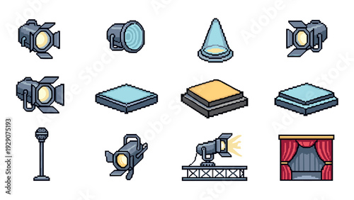 pixel art theater spotlight and stage light equipment icon set with red curtain and microphone