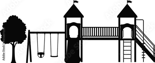 Silhouette of Playground Structure with Swings, Slide and Tree Isolated on White Background Outdoor Park Vector Illustration