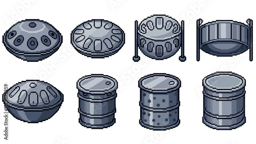 pixel art metal drum and hang drum set collection in grayscale style for game design