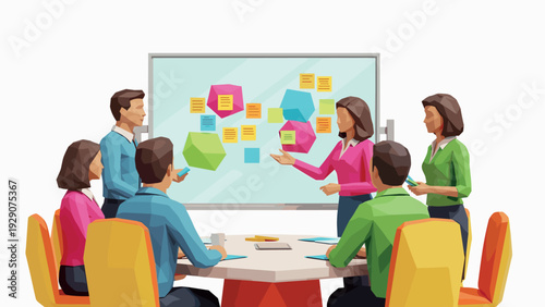 business team brainstorming in modern office with sticky notes on whiteboard hand drawn digital illustration