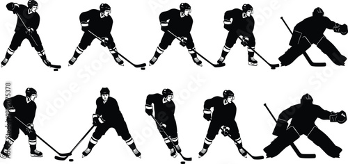 Collection of black ice hockey player silhouettes in dynamic action poses including skating, shooting, defending, and goalie stance for sports, fitness, and design projects
