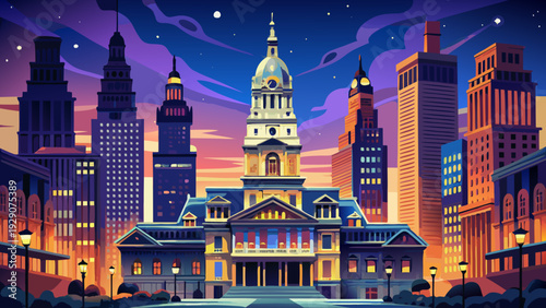 Very beautiful nighttime portrait of Philadelphia City Hall illuminated against the dark sky, glowing architectural details creating a dramatic and elegant focal point within the vibrant downtown atmo