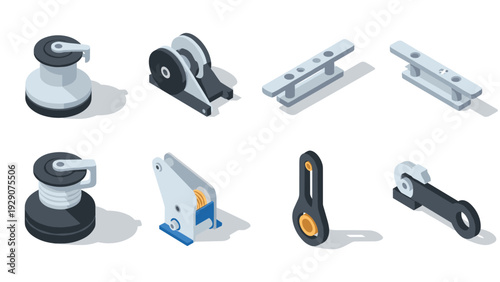 set of eight hand drawn isometric marine boat winches pulleys cleats and fittings icons