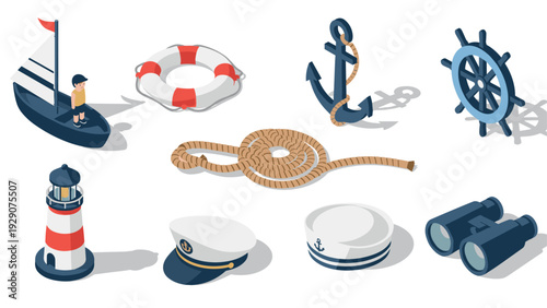 nautical marine set with sailboat sailor life buoy anchor ship wheel rope lighthouse captain hats and binoculars in isometric style