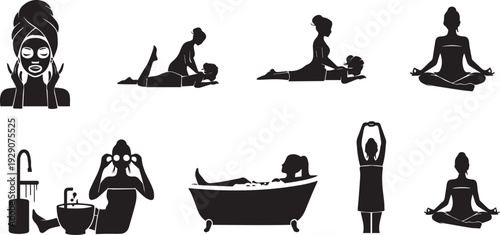 Women spa relaxation silhouettes set  vector illustration 