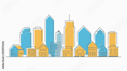 A colorful illustration of a city skyline with buildings and houses in a modern urban landscape