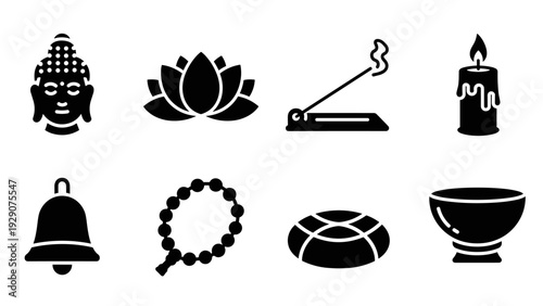 set of eight black silhouette spiritual icons including buddha lotus incense candle bell prayer beads cushion and bowl