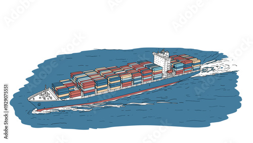 large container ship with colorful cargo containers hand drawn illustration of maritime transport on ocean water