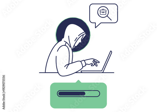 Hacker wearing hoodie works on laptop with progress bar and search icon above