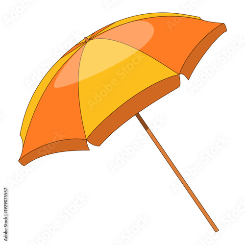 Open beach umbrella, orange and yellow stripes, isolated on transparent background, summer