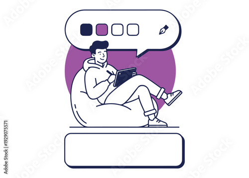 Man with tablet sitting and typing on keyboard with chat bubbles and pencil icon