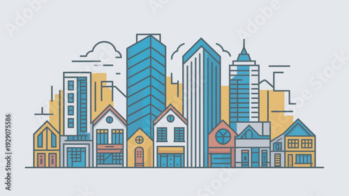 A vibrant cityscape with a mix of modern skyscrapers and traditional houses in a colorful illustration
