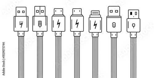 USB cable icons set, charger vector icons showing USB Type C A B Lightning and Micro USB connectors for digital device and electronics graphics.