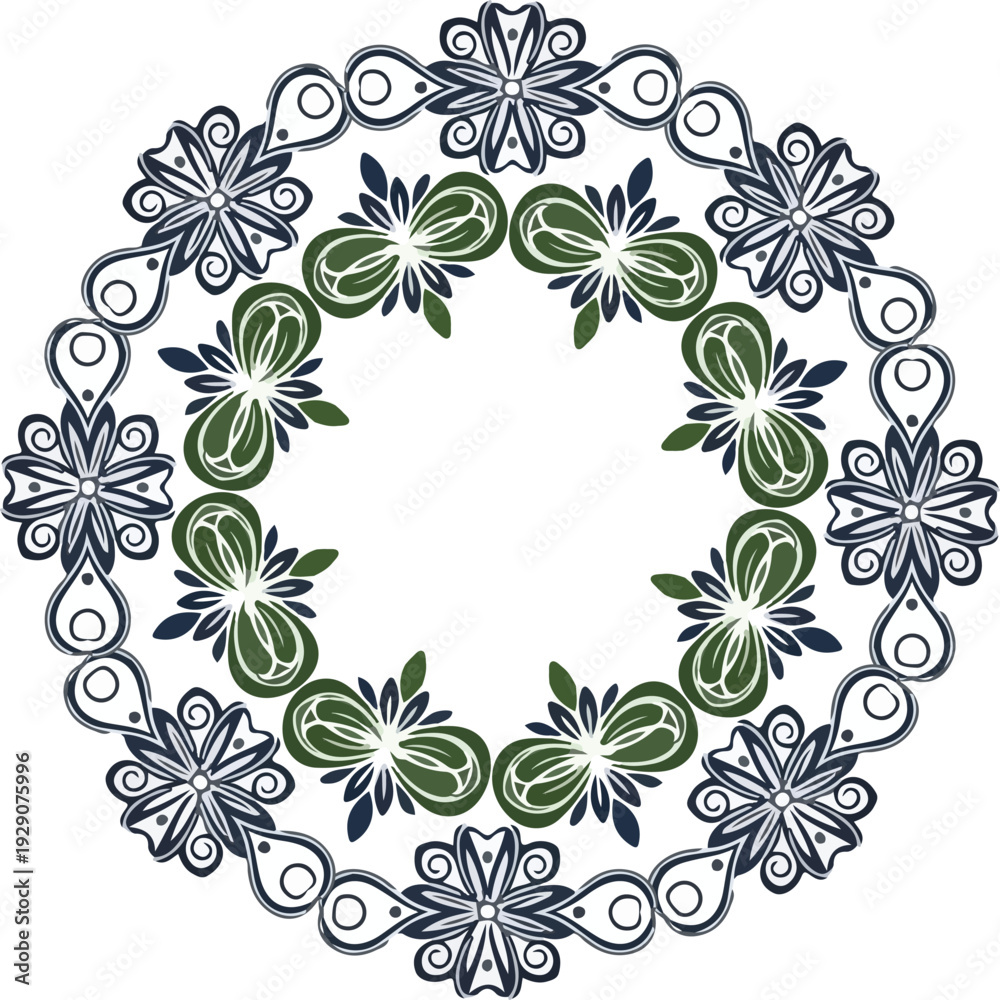 Fototapeta premium Luxury Dual-Layered Ornate Radial Frame with Forest Green and Navy Blue Botanical Blossoms and Symmetrical Floral Design on White Background