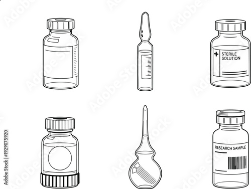 Medical vials, ampoules, and dropper bottles line art illustration with sterile solution, research sample, measurement markings, healthcare laboratory containers set