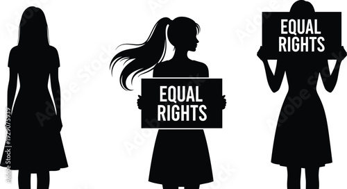 Women silhouettes holding Equal Rights signs, gender equality concept illustration, empowerment symbol, social justice theme, minimal black vector design